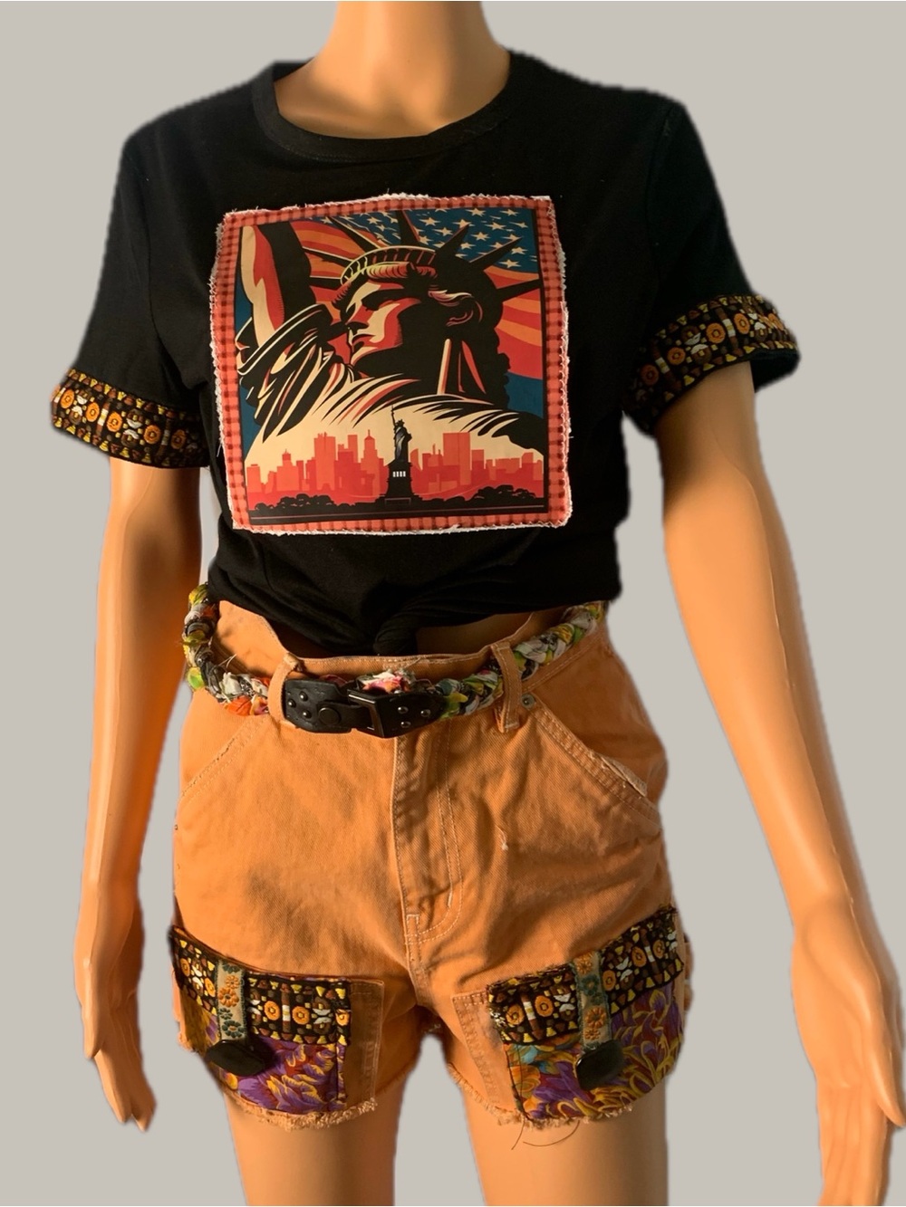 Boho Tan Patch Pocket Jean Shorts with Decorative Trim - Picture 12 of 12